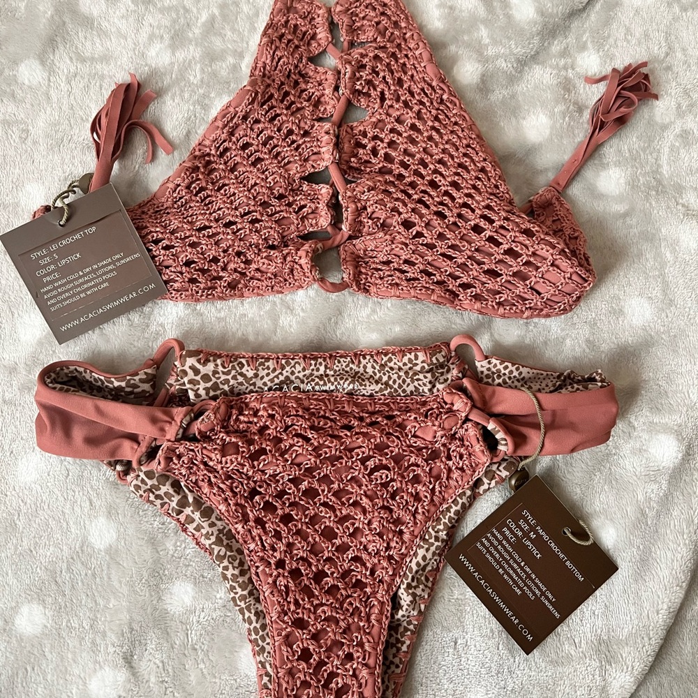 ACACIA Lei crochet top in Lipstick (size S), Papio crochet bottom (size M) NWT